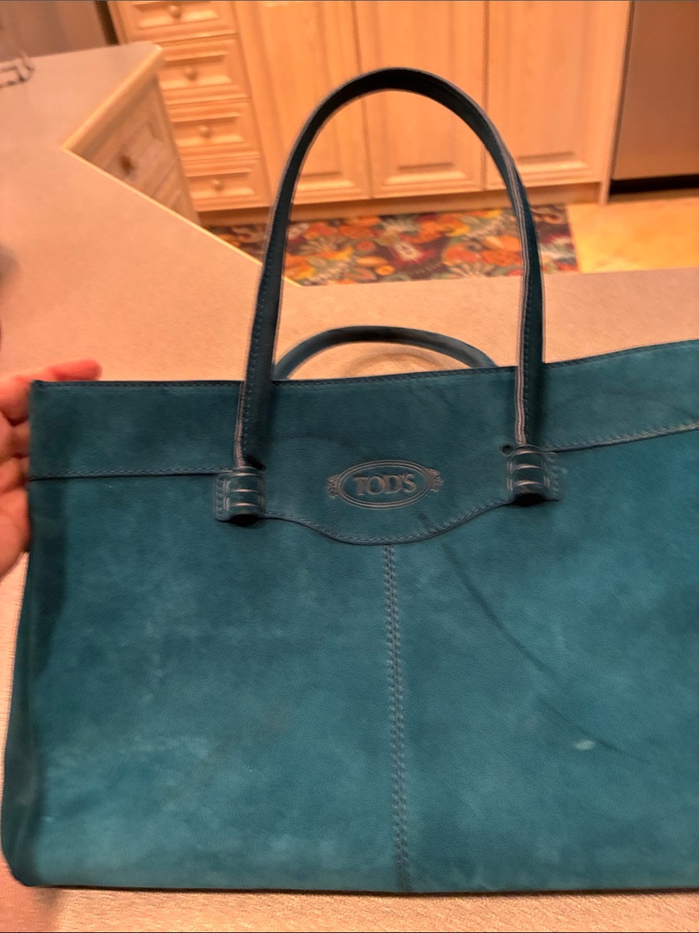 TOD'S Teal Suede Tote with Leather Trim and Top Handles